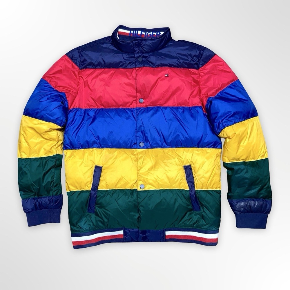 Tommy Hilfiger Down Puffer Jacket Boys Size XL 16-18 Colorblock Coat Multicolor